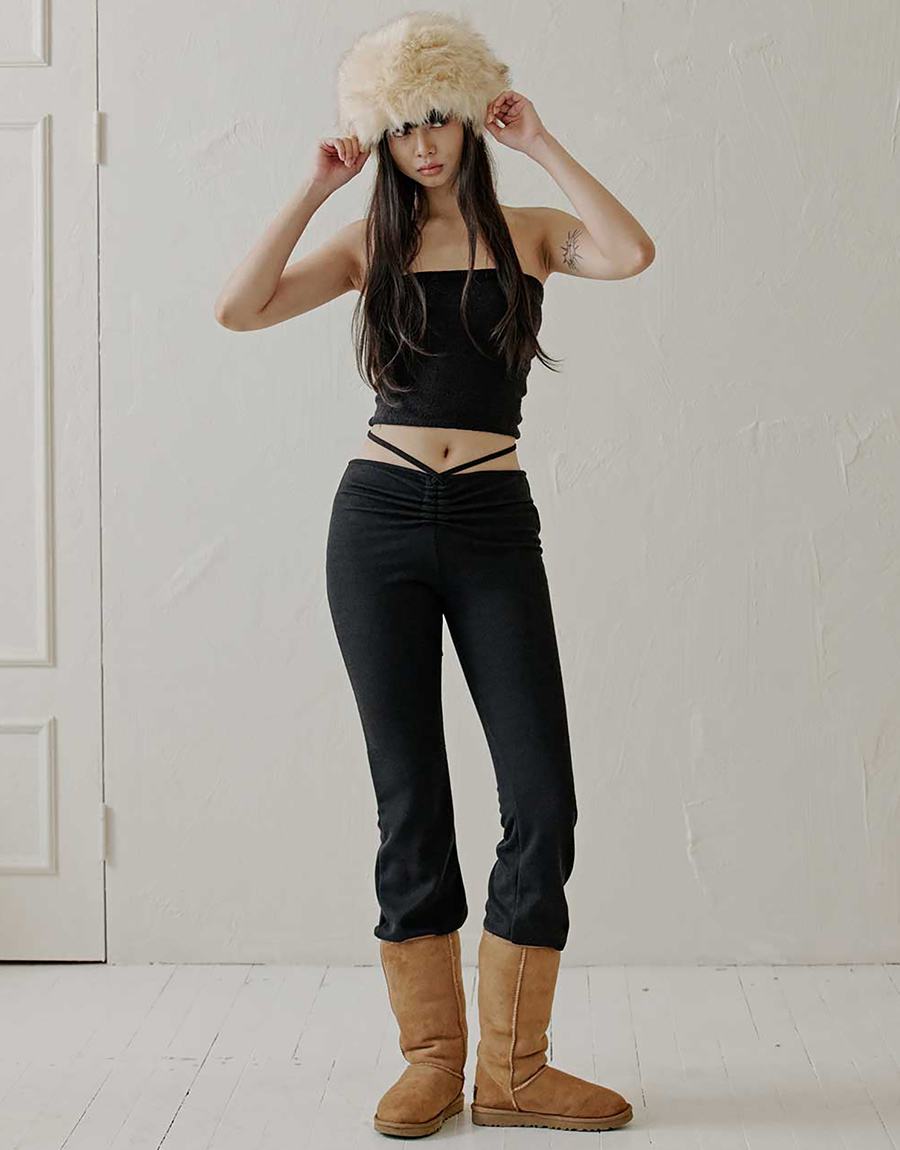 FRONT SHIRRING STRAPPY BOOTCUT PANTS